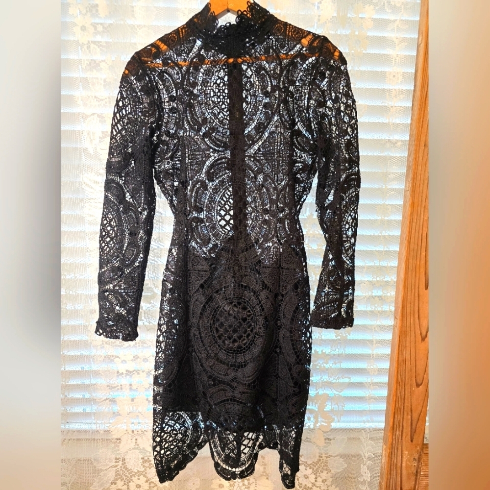Black Embroidered Lace Fitted Dress, Large Goth, Little Black Mini Dress